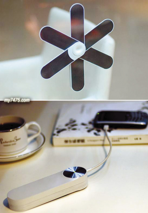 它正面的太陽能電池面板可以呈扇形打開，就像花瓣一樣，可以放在桌面上，也可以吸附到玻璃上，充分吸收太陽能并轉(zhuǎn)換為電能存儲起來。